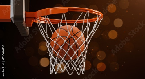 Basketball swishing through net on dark background
