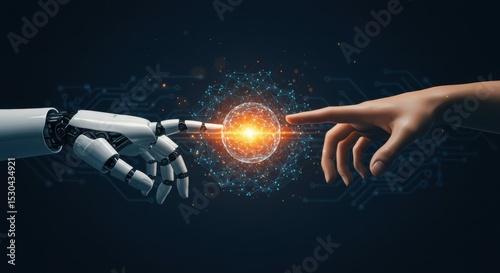 Human and robot hand reaching for digital sphere