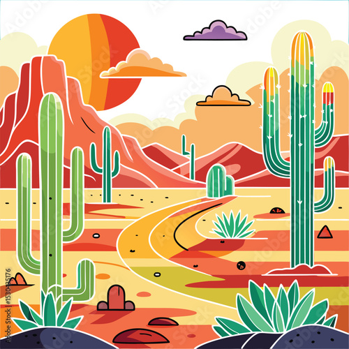Sketch of the desert of America with cacti. Prairie landscape Hand-drawn vector .