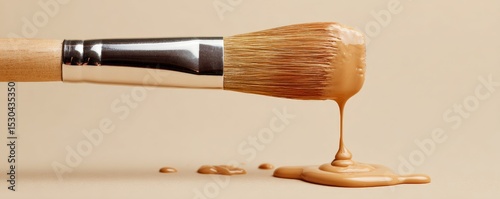 A makeup brush with foundation dripping from the top onto the bristles against a plain background.