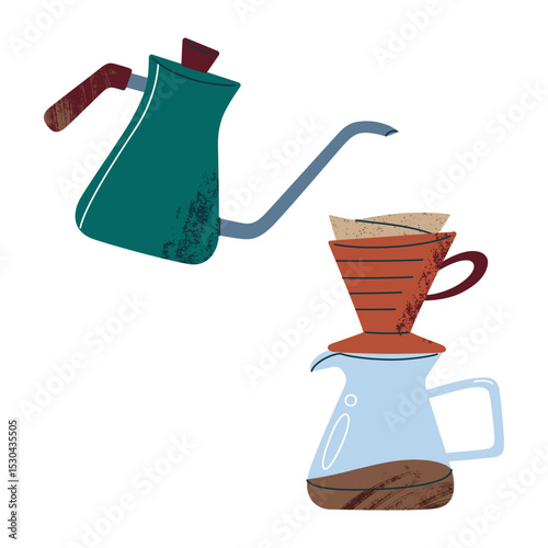 Vector illustration of pour over coffee preparation. Hand brewing method with gooseneck kettle, glass carafe and dripper, flat cartoon icon for cafe, manual brewing and coffee culture themes