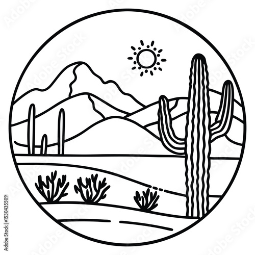 Sketch of the desert of America with cacti. Prairie landscape Hand-drawn vector .