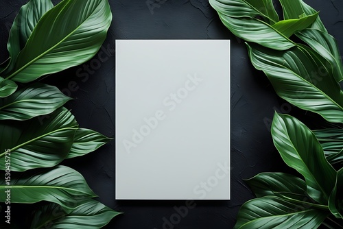 Blank white paper mockup with lush green tropical leaves
