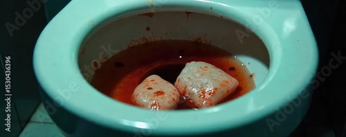 A close-up of a toilet bowl with visible vomit and tissues, signifying a bathroom illness  The scene is dimly lit, emphasizing the unpleasantness ,  sick,  restroom,  bacteria