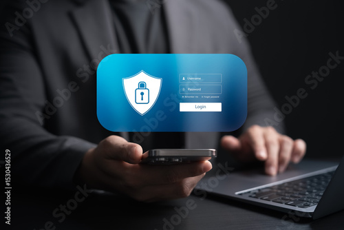 cybersecurity protection concept, Secure login interface with username and password form on mobile device, data privacy, access control and secure authentication technology in digital business.