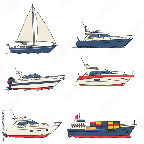 Cartoon sea ships, boats, yacht and cargo ship. Fishing boats, travel cruise and speed boat, water transportation flat vector illustrations set. Shipping boats collection