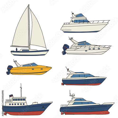 Cartoon sea ships, boats, yacht and cargo ship. Fishing boats, travel cruise and speed boat, water transportation flat vector illustrations set. Shipping boats collection