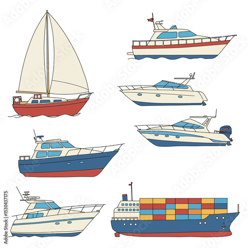 Cartoon sea ships, boats, yacht and cargo ship. Fishing boats, travel cruise and speed boat, water transportation flat vector illustrations set. Shipping boats collection