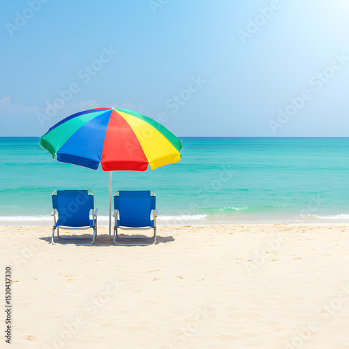 Beach Relaxation Colorful Umbrella and Lounge Chairs on Sandy Shore