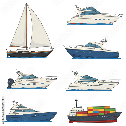 Cartoon sea ships, boats, yacht and cargo ship. Fishing boats, travel cruise and speed boat, water transportation flat vector illustrations set. Shipping boats collection