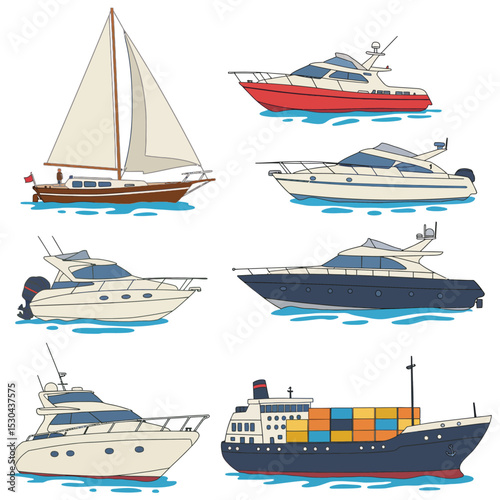 Cartoon sea ships, boats, yacht and cargo ship. Fishing boats, travel cruise and speed boat, water transportation flat vector illustrations set. Shipping boats collection
