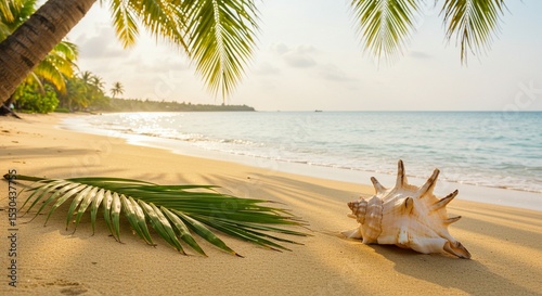 Seashell on Sunny Tropical Beach with Palm Leaf and Blue Ocean