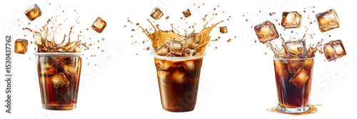 Dynamic Soda or Iced Coffee Splashes with Ice Cubes Transparent Background

