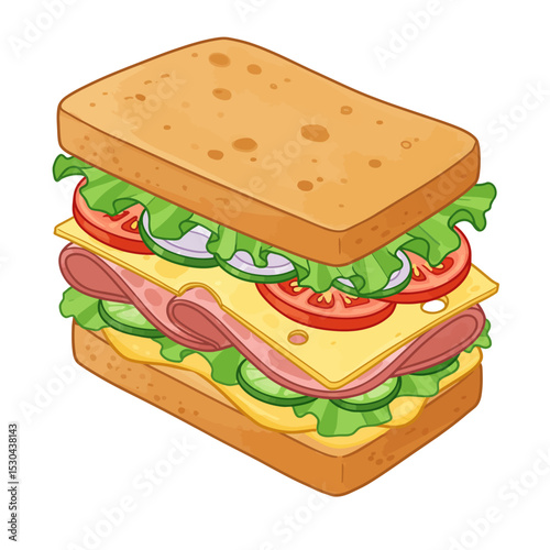 Sandwich with fresh lettuce, tomato, ham, and cheese. Vector cartoon illustration