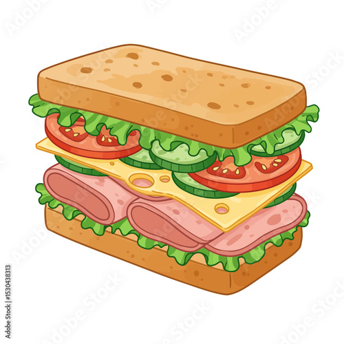 Sandwich with fresh lettuce, tomato, ham, and cheese. Vector cartoon illustration