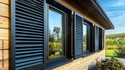Black shutters, wood siding, rural home, open, sunny