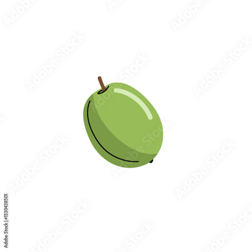 A vibrant green mango rolling on a white surface, showcasing its smooth texture and color