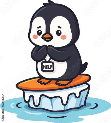 Cartoon Penguin on Iceberg A cute cartoon penguin stands on a melting iceberg, holding a sign that reads "help"