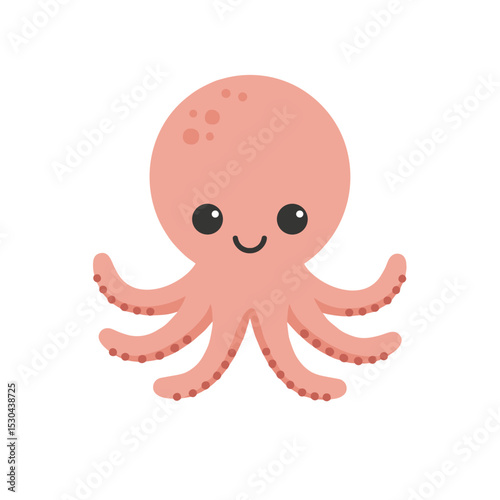 Cute cartoon octopus with smiling face and eight arms on a plain background
