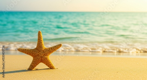 Starfish on Golden Sand Beach with Turquoise Sea and Clear Sky