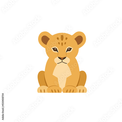 Cartoon illustration of a lion cub sitting against a plain white background