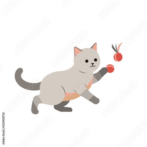 Playful cat chasing red balls in a minimalist setting with a white background