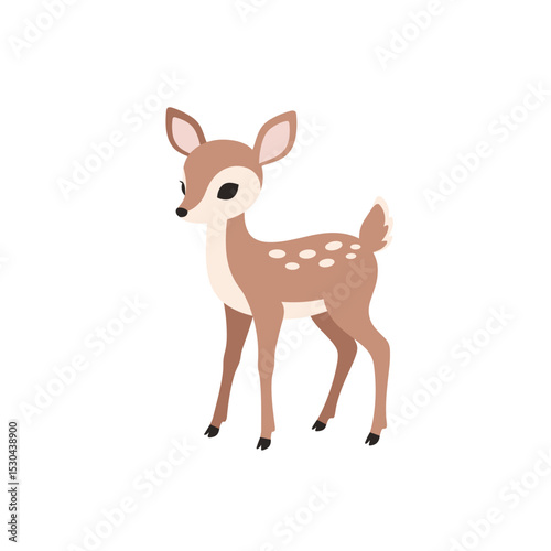 A cute cartoon deer standing gracefully, surrounded by a minimalist white background