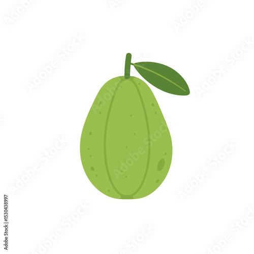 A vibrant green pear with a leaf, isolated on a white background, ideal for food-related designs