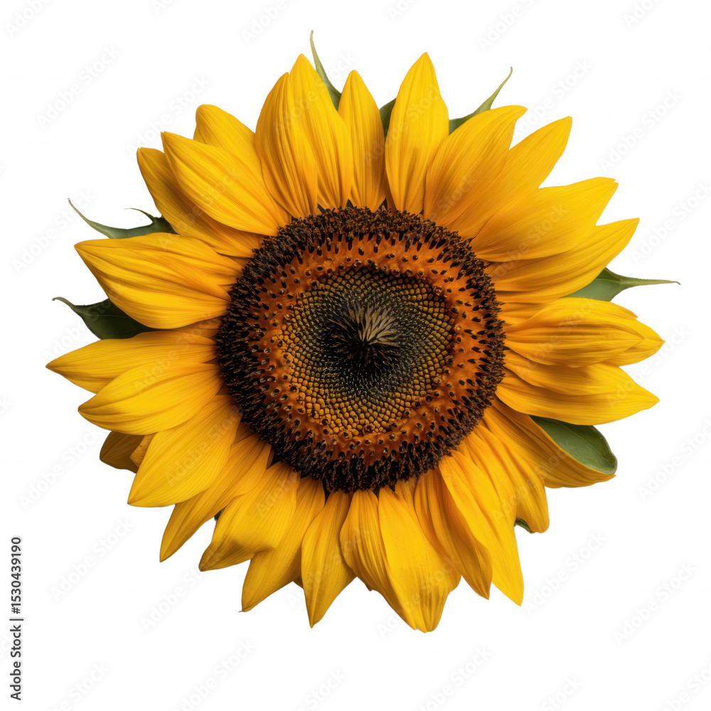 Fototapeta premium Vibrant sunflower with bright yellow petals and dark brown center is displayed against plain background, showcasing its natural beauty and intricate details