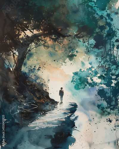 Exploring a tranquil pathway through a misty forest at dawn, with a solitary figure embracing nature's beauty. Generative AI