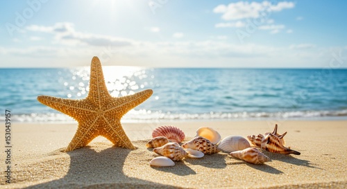 Sandy Starfish on Beach with Seashells Under Bright Sunlight