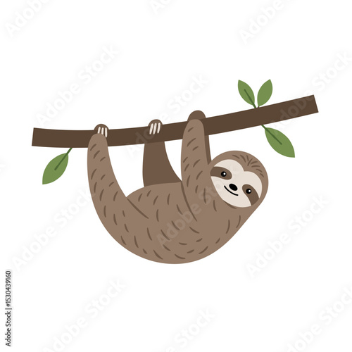 A cute sloth hanging from a branch with green leaves in a minimalist style