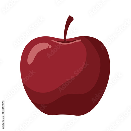 A vibrant red apple with a smooth surface and a slender stem, isolated on white