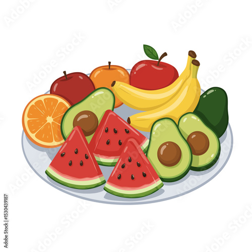 A colorful assortment of fruits and vegetables, including watermelon, apples, oranges, and bananas. Concept of abundance and freshness, with the various fruits