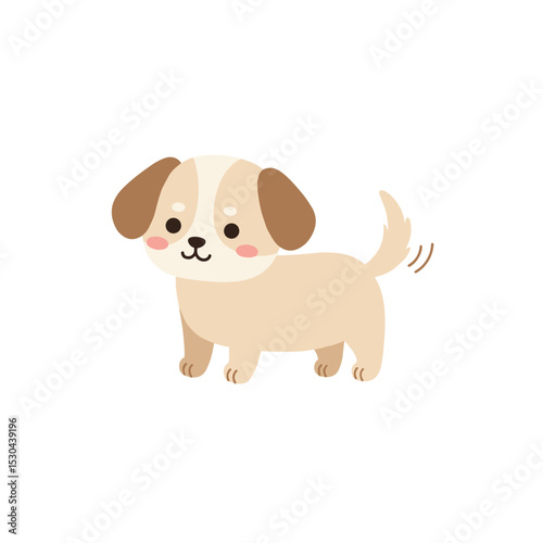 Cute cartoon puppy with a wagging tail, set against a simple white background