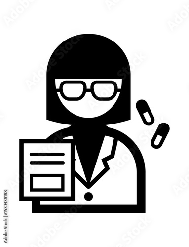 白衣を着た薬剤師のシンプルなモノクロイラストアイコン