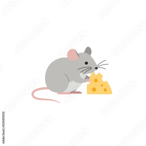 Cartoon mouse happily nibbling on a piece of cheese with a simple white background