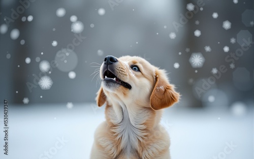 A charming puppy gazes up at the falling snowflakes, embodying wonder and joy in a winter wonderland. High quality