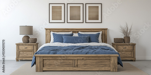 Rustikales Holzbett mit gelben Kissen und zwei Nachttischen vor einer weißen Wand mit drei Posterrahmen. Modernes Schlafzimmer im Landhausstil.