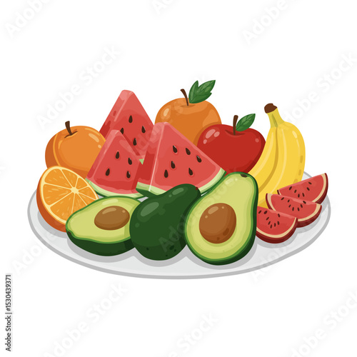 A colorful assortment of fruits and vegetables, including watermelon, apples, oranges, and bananas. Concept of abundance and freshness, with the various fruits