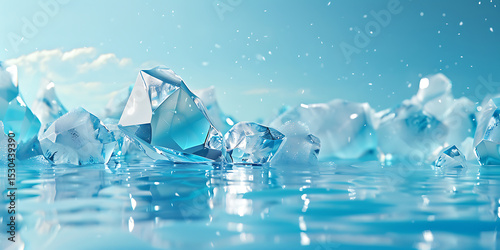 Crystalline Ice Chunks Floating on Serene Blue Water Under a Bright Sky

