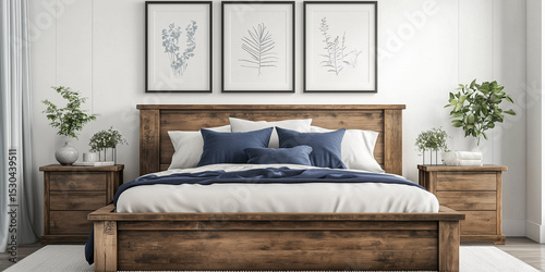 Rustikales Holzbett mit gelben Kissen und zwei Nachttischen vor einer weißen Wand mit drei Posterrahmen. Modernes Schlafzimmer im Landhausstil.