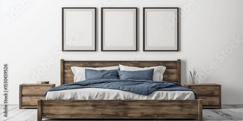 Rustikales Holzbett mit gelben Kissen und zwei Nachttischen vor einer weißen Wand mit drei Posterrahmen. Modernes Schlafzimmer im Landhausstil.