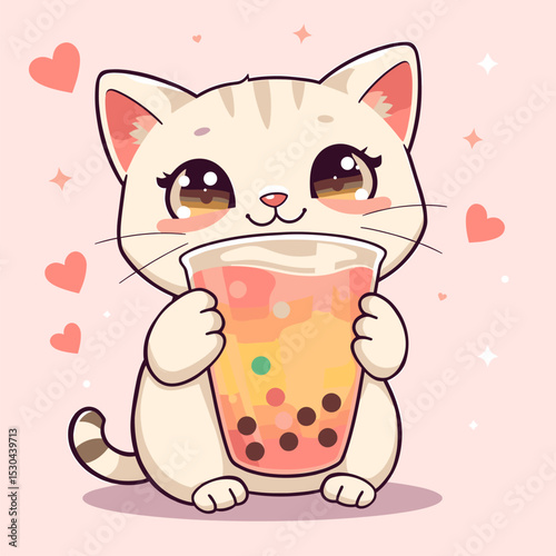Adorable Kitten Enjoying a Refreshing Bubble Tea