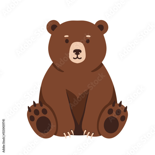 Cute cartoon brown bear sitting calmly, surrounded by a minimalistic background