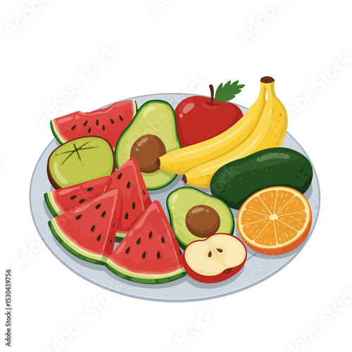A colorful assortment of fruits and vegetables, including watermelon, apples, oranges, and bananas. Concept of abundance and freshness, with the various fruits