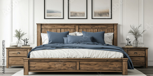 Rustikales Holzbett mit gelben Kissen und zwei Nachttischen vor einer weißen Wand mit drei Posterrahmen. Modernes Schlafzimmer im Landhausstil.