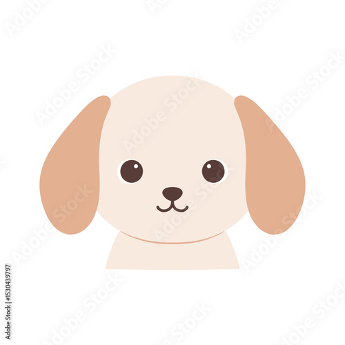 Cute cartoon dog face with big eyes, playful expression, and soft colors on a white background