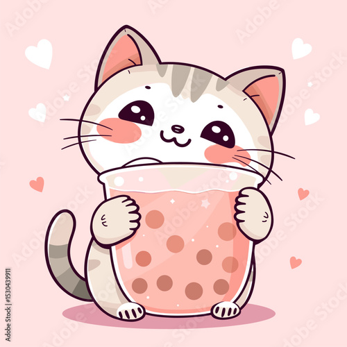 Adorable Cat Enjoying Bubble Tea, Kawaii Style Illustration