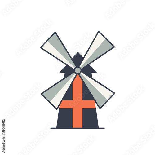 Stylized windmill illustration with geometric blades and a vibrant base against a blank background